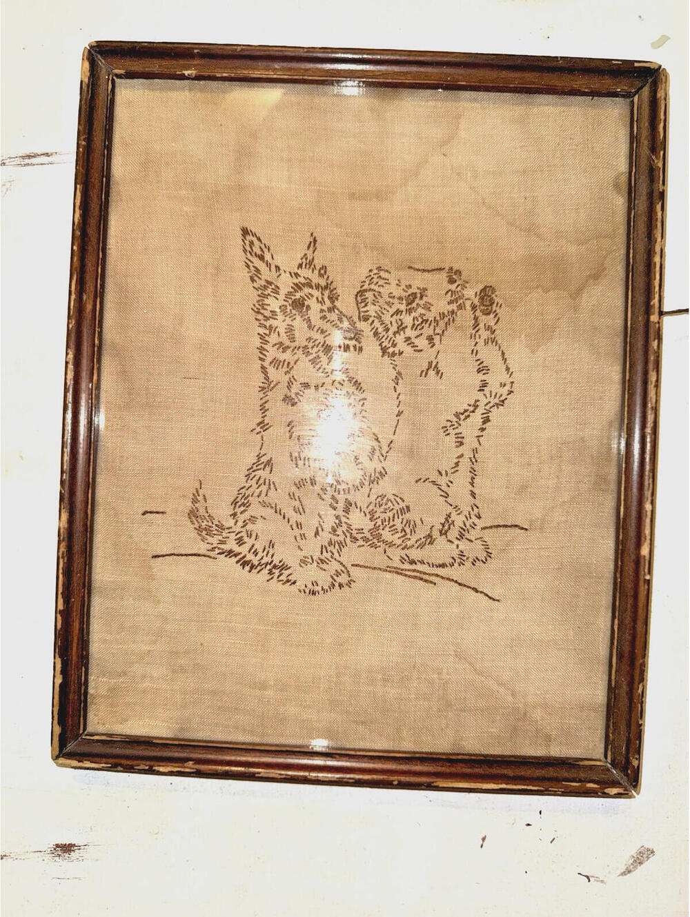 Antique Handmade Framed Embroidery Terrier Dog Classic Home Decor Wall Hanging